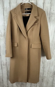 Zara Longline Wool Blend Coat Women M Fitted Camel Tan Classic Chic Old Money - Picture 1 of 17