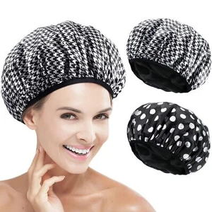 2 Pcs Terry Cloth Lined Shower Cap Large Triple Layer Waterproof Bath Cap - Picture 1 of 7