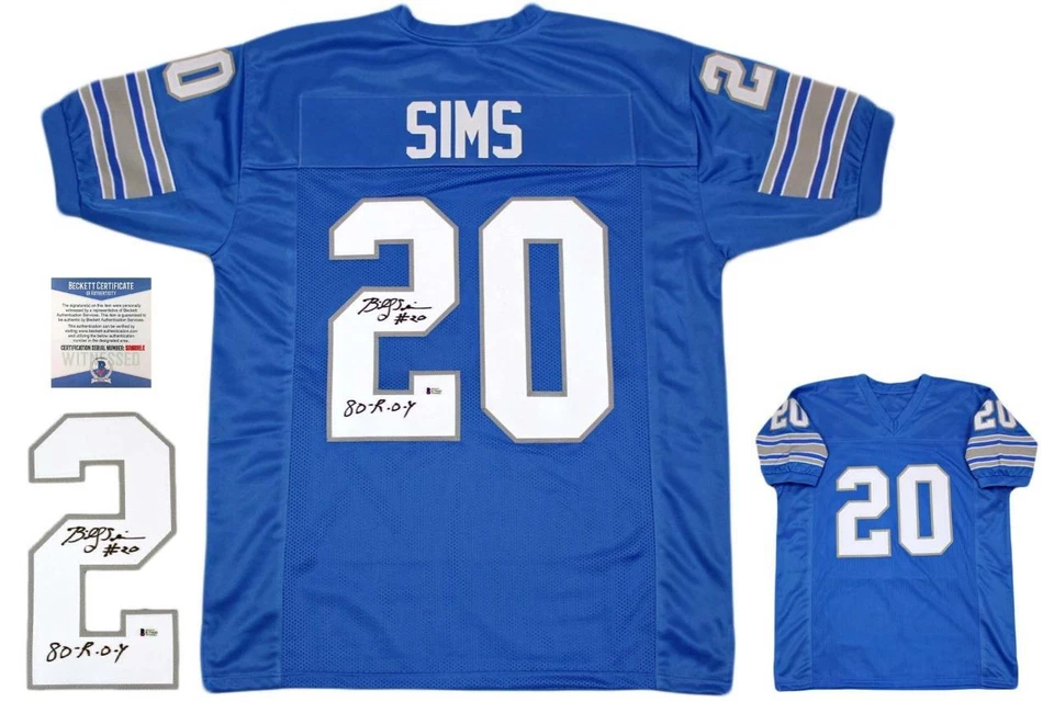 Camiseta deportiva firmada autografiada por Billy Sims - Beckett auténtica - azul Foto 1 de 1