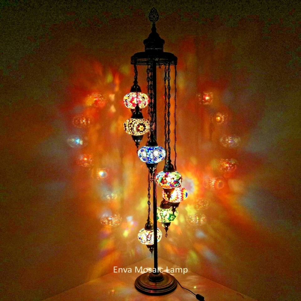 Mosaico de vidrio turco marroquí multicolor Tiffany lámpara de pie luz 7 globos grandes Foto 1 de 1