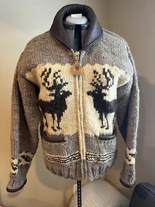 Canadian Sweater Co. Jacket Large Cardigan Thick Knit Wool~Deerskin Collar - Picture 1 of 14
