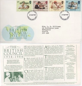 G.B. BRIEFMARKE ERSTTAGSBRIEF - THE BRITISH COUNCIL - 25 SEP 1984 Vintage - Bild 1 von 1