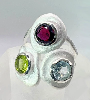 TOPMK-SCHMUCK RING, GR. 56 (17,8 mm Ø) , 925/-RHOD. AQUAMARIN, GRANAT, PERIDOT - Bild 1 von 4
