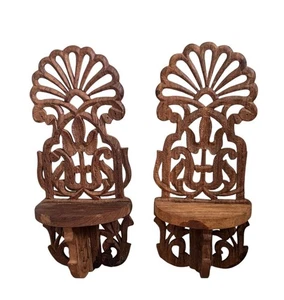 Pair Of Vintage Hand Carved India Sheesham Wood Folding Wall Shelves - Picture 1 of 5
