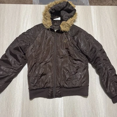 复古 SOUTHPOLE 羽绒轰炸机人造毛皮连帽 Y2K Puffer 夹克青少年尺寸 XL — 第 1/4 张图片