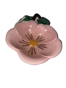 Hand Painted Pink Ceramic Flower Dish 7" Diameter Gold Green - Picture 1 of 6