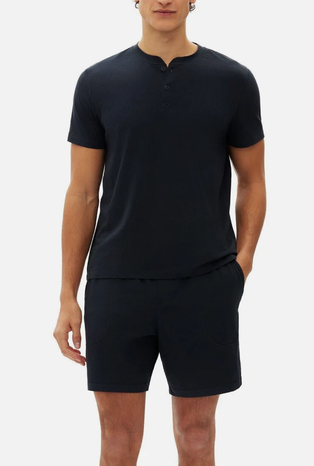 GAP Men's 2 Pc Pajama Set of Henley Top & Short Black Large