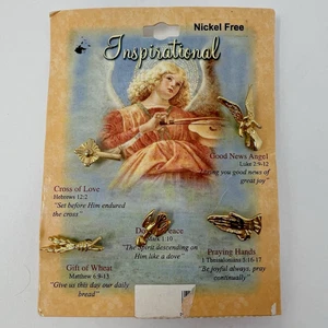 Inspirierende religiöse Anstecknadel goldfarben Engel Kreuz betende Hände Weizentaube Vintage - Bild 1 von 13