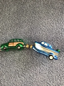 Blown Glass CAR BOAT Christmas Ornament DEPT 56 Lot 2 Nautical WOODIE Trailer - Picture 1 of 13