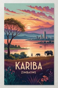 Exquisite Kariba Zimbabwe - Breathtaking Sunset Over Lake Safari Art Print Poste - Picture 1 of 12
