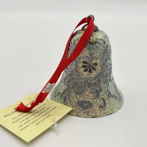 Cloisonne Christmas Ornament Silver Bells Flower Pansy Glitter Shimmer 3.5" - Picture 1 of 10