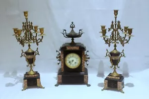 Antique French Mid 19th C., Japy Freres 3 Piece Mantle Clock & Candelabras - Picture 1 of 5