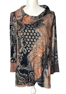 Ali Miles Top Size Medium Paisley Buttons Brown Lagenlook Artsy Boho Comfortable - Picture 1 of 10