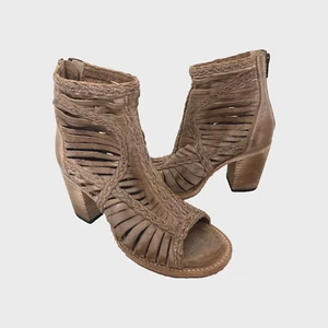 Freebird By Steven Beige BELA Shoe 7 Tan Strappy Woven Heels Sandal Zip - Picture 1 of 9