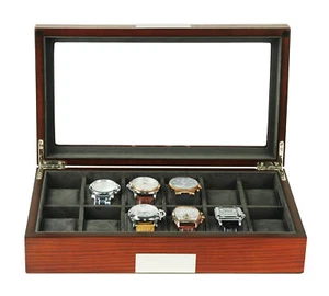 12 Cherry Wood Watch Box Display Case Jewelry Organizer Stainless Steel Accents - Picture 1 of 6
