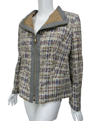 Jaqueta ESCADA marrom cobalto marfim boucle lã gola drapeada zíper frontal D 46 EUA 16 - Imagem 1 de 4