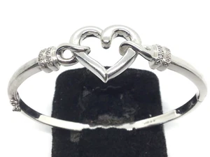 Sterling Silver 12 Natural Diamond Heart Bangle Hinged Open Style Heavy - Picture 1 of 11