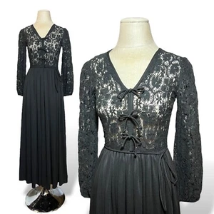Schwarzes A-Linien Maxikleid mit langer Häkelspitze Ballonärmel 70er Jahre Vintage - Bild 1 von 7