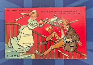 E S London Donald McGill Comic Postcard 1907 BIRTHDAY GREETINGS No 2077 - Picture 1 of 2