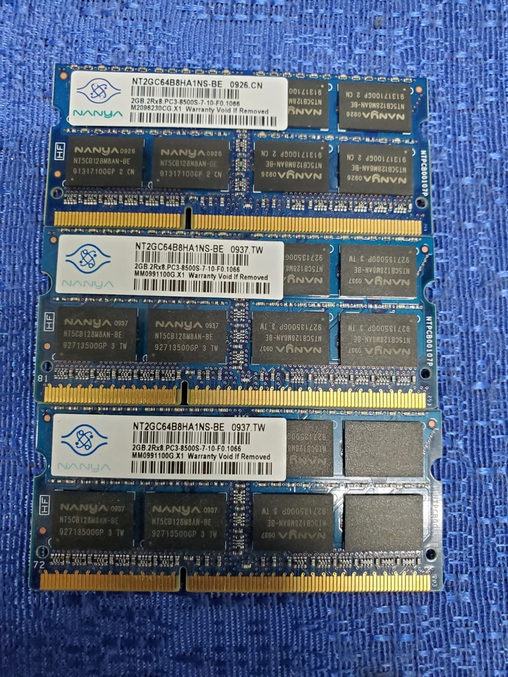 Lot of 3 Nanya 2GB 2Rx8 PC3-8500S-7-10-F0.1066 NT2GC64B8HA1NS-BE , 6 GB Total - Image 1 of 1