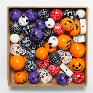 20 x Halloween teschio in legno smorfia perline rotonde gioielli fai da te corda di canapa nappa - Foto 1 di 17