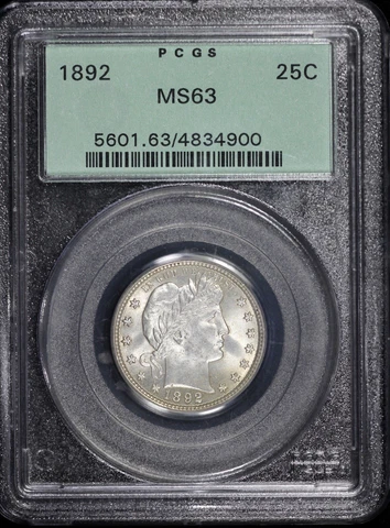 1892 Barber 25c Quarter PCGS MS 63 OGH Cover