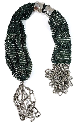 Bolsa antiga vitoriana Miser prata tonificada micro contas borlas verde crochê - Imagem 1 de 4