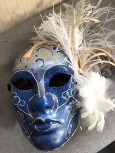 Unique Full Mask Venetian Masquerade Ball Blue And Silver With Feathered Finish - Picture 1 of 6