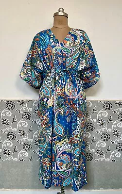 Vestido de baño de ducha indio caftán estampado a mano azul cachemir algodón caftán Foto 1 de 4