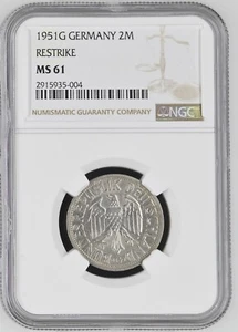 1951-G GERMANY 2 MARK - RESTRIKE - NGC MS 61 - FREE U.S. / $12.50 WORLD SHIPPING - Picture 1 of 2