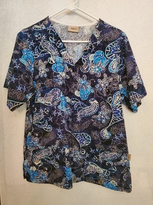Tafford Scrub Top Blue Floral Whimsical Short Sleeve Size Medium EUC - Image 1 of 4