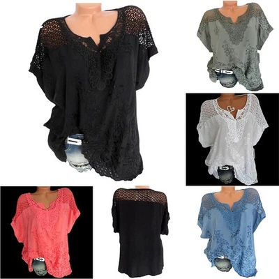 Hollow Baggy Casual T-Shirt Tops Blouse Batwing Short Womens Sleeve Lace Ladies - Image 1 of 4