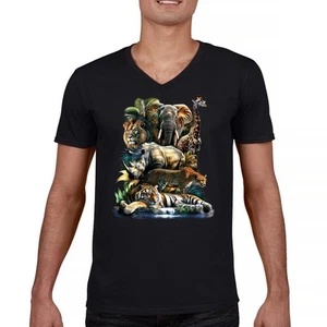 Exotic Collage V-Neck T-shirt Jungle Safari Animal Wild Nature Lion Tiger Tee - Picture 1 of 29