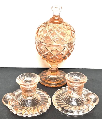 VINTAGE 40's PINK DEPRESSION GLASS MINIATURE CANDY DISH AND CANDLE HOLDERS - Image 1 of 4