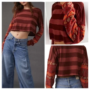 Free People Jamie Tee S stimmungsvoll Kombi gestreift Langarm bauchfreies Shirt Top neu mit Etikett $ 98 - Bild 1 von 10
