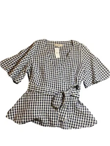 Ann Taylor Loft Gingham Navy Blue and White Wrap Peplum Blouse Size S - Picture 1 of 6