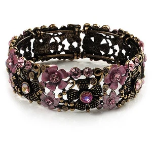 Victorian Pink Crystal Floral Flex Cuff Bangle (Bronze Tone) - Picture 1 of 4