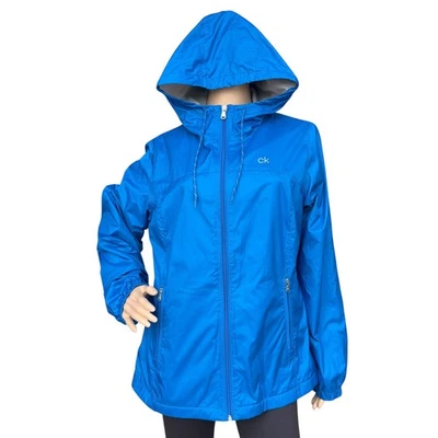 Jaqueta de chuva Calvin Klein M azul zíper completo com capuz corta-vento casaco forrado de lã - Imagem 1 de 4