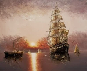 Sailing Ship - #26, 20x24, 100% Hand Painted Oil Painting on Canvas - Picture 1 of 6