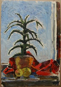 Ukrainian Soviet USSR Oil Painting Still Life impressionism flowerpot aloe apple - Picture 1 of 6