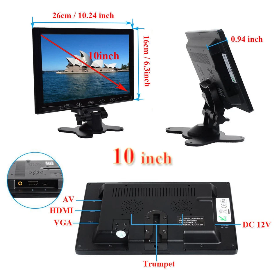 Ultrathin 10" LCD Monitor Screen AV/RCA/VGA/HDMI Video for DSLR Raspberry Pi 3B+ - Image 1 of 4