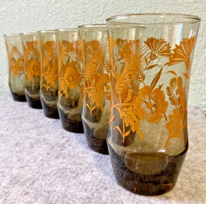 Libbey Smokey Amber Glass Tumblers Floral Orange Wheat Mid Century Qty 6 Vintage - Picture 1 of 10