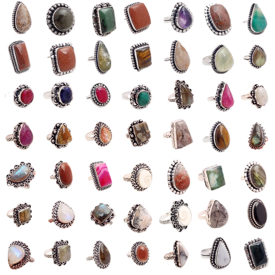 Amethyst & Mix Gemstone 925 Sterling Silver Plated Handmade Lot Rings Jewelry - Imagem 1 de 1