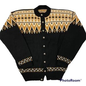Vtg 50 60’s Men Black Gold THICK Wool Knit NORDIC FAIR ISLE Sweater Cardigan XL