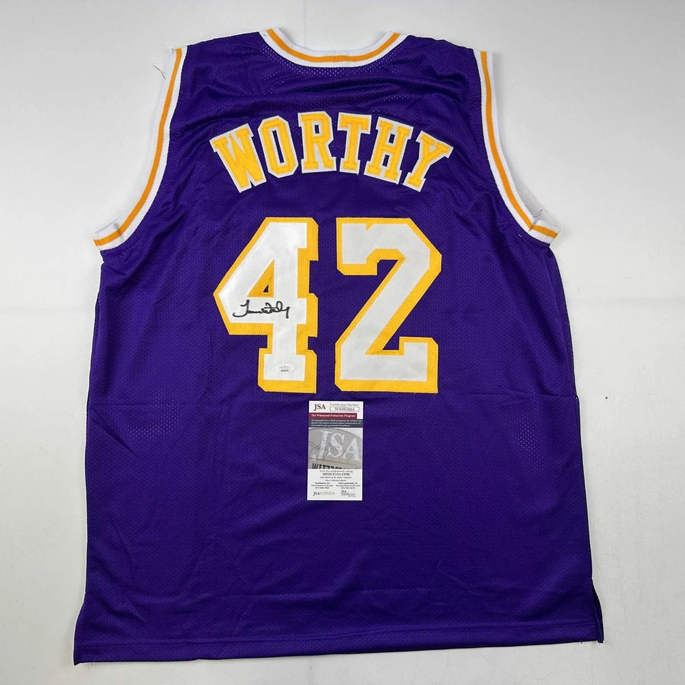 Autographed/Signed James Worthy Los Angeles LA Purple Basketball Jersey JSA COA - Image 1 of 4