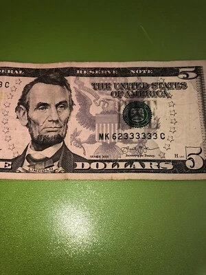 2013 $5 FRN Fancy NEAR SOLID 6 DIGIT Serial #MK 62333333 - Image 1 of 3