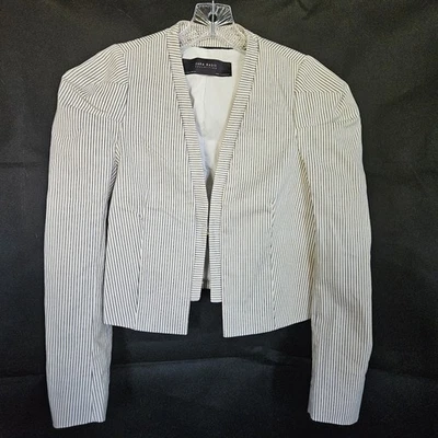 Zara Basic Blazer Women's Cream/Blue Striped Beige Size Small Cotton/Polyester  - Image 1 of 3