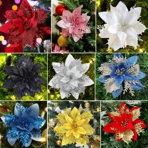 10 Stück Weihnachten Glitzer Weihnachtsstern Blumen auf Clip Baumkranz Weihnachtsdeko - Bild 1 von 56