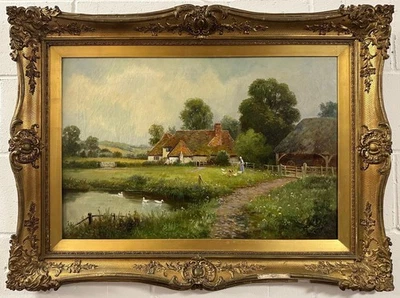 Early 20 TH Cen-ry English School: Figure Feeding Ducks , Monogrammed H B Lower - Image 1 of 4