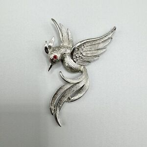 Bird Brooch Silver Tone Red Eyed Eclectic Art Deco Abstract Bold Statement 2.5"